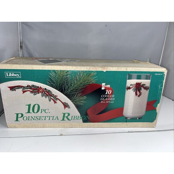Libbey Other - NOS Vintage Libbey Poinsettia Ribbon Glasses Set of 10 W/ Box USA